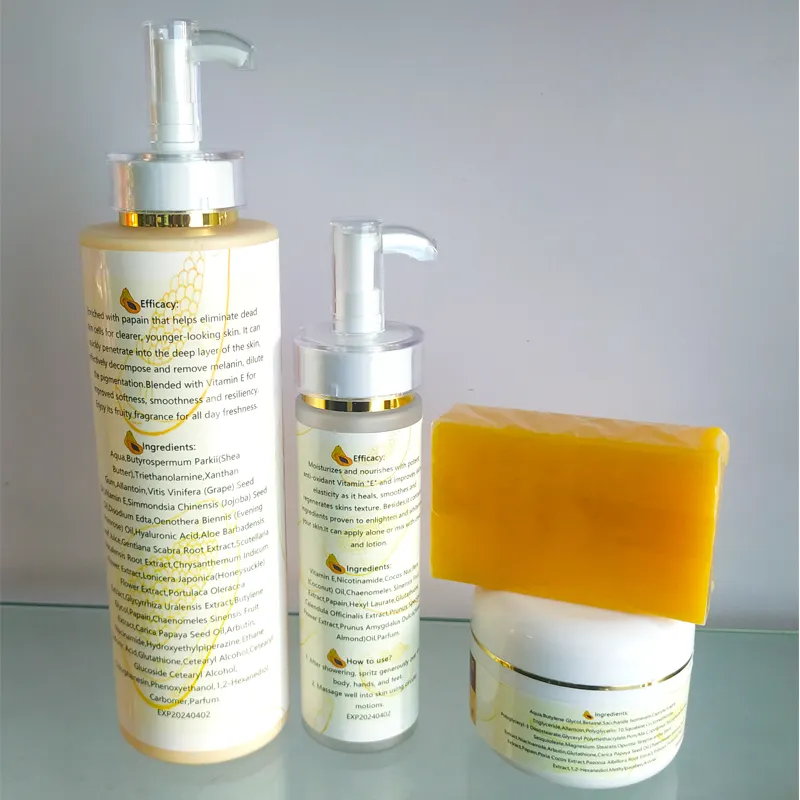 Papaya-skin-care-4-sets-whitening-brightening.webp Papaya skin care 4 sets whitening, brightening and moisturizing body lotion + body oil + face cream + papaya soap - Image 1