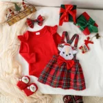 3Pcs Autumn Christmas Newborn Infant Baby Girl Clothes Sets Knit Red Romper Deer Plaid Skirts Outfits Costume 0-1Y +Headband