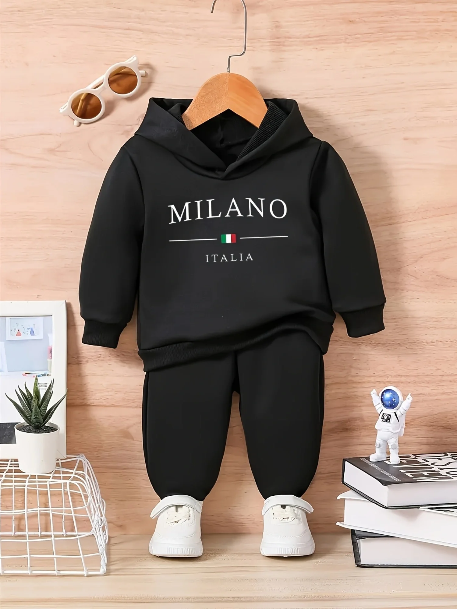 kf-S28b69cbe07c741bf8bd114419a848dd19 Baby boy letter pattern fleece long sleeved hooded sweatshirt+sports long suit for spring and autumn gifts - Image 1