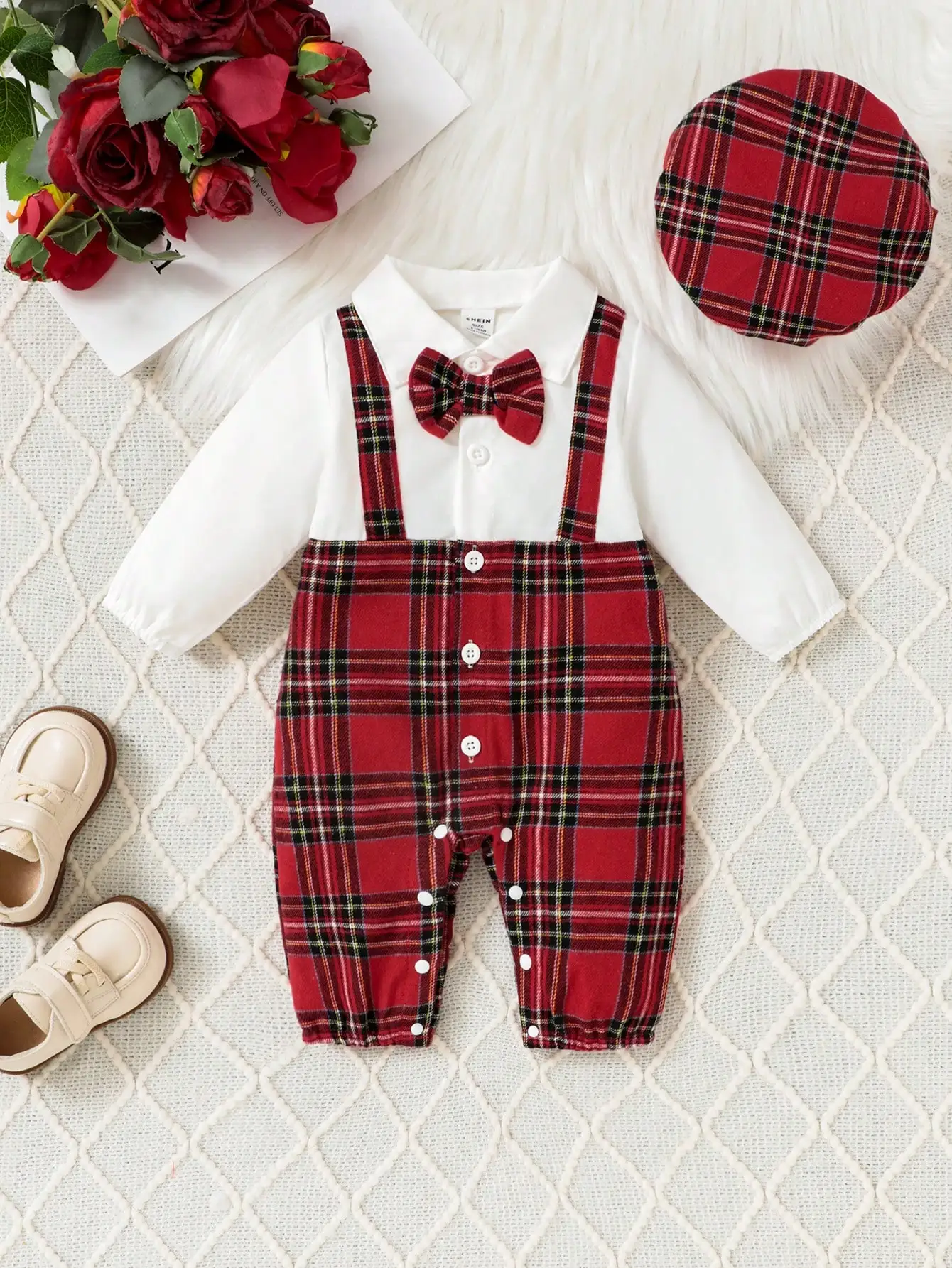 kf-S3586309720794145ac4f11ca6c5cc874b Gentleman Style Autumn Fashion 1-24m Baby Boys' Onesie Red Plaid Small Bow Tie Color Contrast Breasted Lapel Long-Sleeved Onesie - Image 1