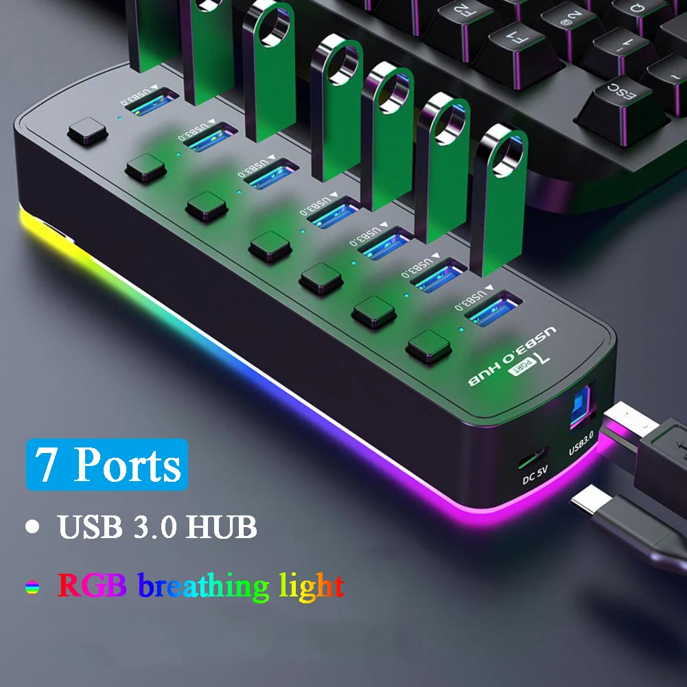kf-S35aa2f34ca804571ab8b7cb97b25e90f4 RGB USB 3.0 Hub 7 Ports Data Port Adapter 5Gbps Individual On/Off Switch Splitter Gaming USB Hub For Laptop PC Computer Accessor - Image 1