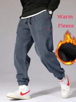 Autumn Winter Warm Motorcycle Jogger Corduroy Pants Men Tech Fleece Sweatpants Casual Harem Pants Male Sport Thermal Trousers - Image 6