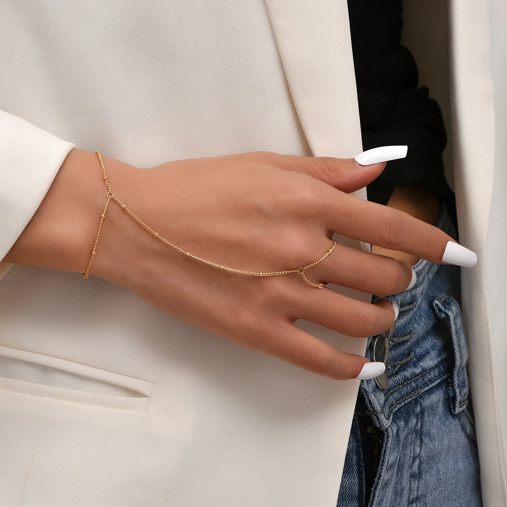 kf-S3e51e107ad1b4d4da44777e9e4fa858dk Creative Tiny Chain Bracelet Finger Rings For Women Gold Color Link Chains Connecting Hand Harness Bracelets Jewelry Gift - Image 1