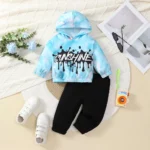 2-piece set of fashionable casual letter printed tie dye hooded long sleeved top and pants for baby boys, autumn and winter - Image 2
