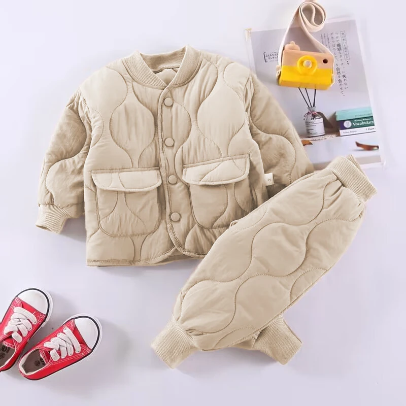kf-S4bb80fedbd4f445ea156f5ec630cf75av Korean version Baby Boy Clothes children's thickened insulation with cotton clip winter set suitable for baby top jacket+pants - Image 1