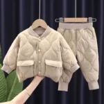 Korean version Baby Boy Clothes children's thickened insulation with cotton clip winter set suitable for baby top jacket+pants - Image 4