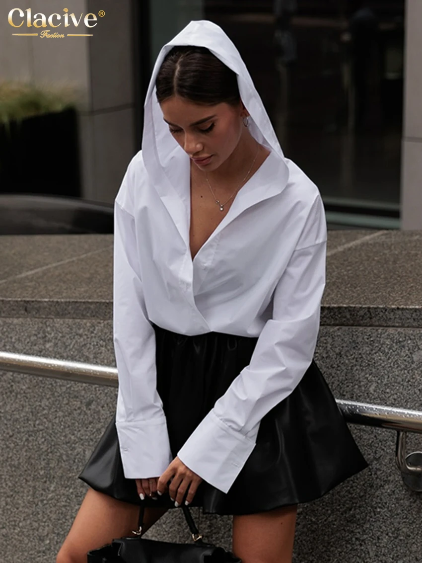 kf-S5bd4b7e238ec41cd8586e45f1b3dba3bs Clacive Fashion Loose White Cotton Women's Shirt 2025 Elegant Hooded Long Sleeve Blouses Streetwear Solid Top Female Clothing - Image 1