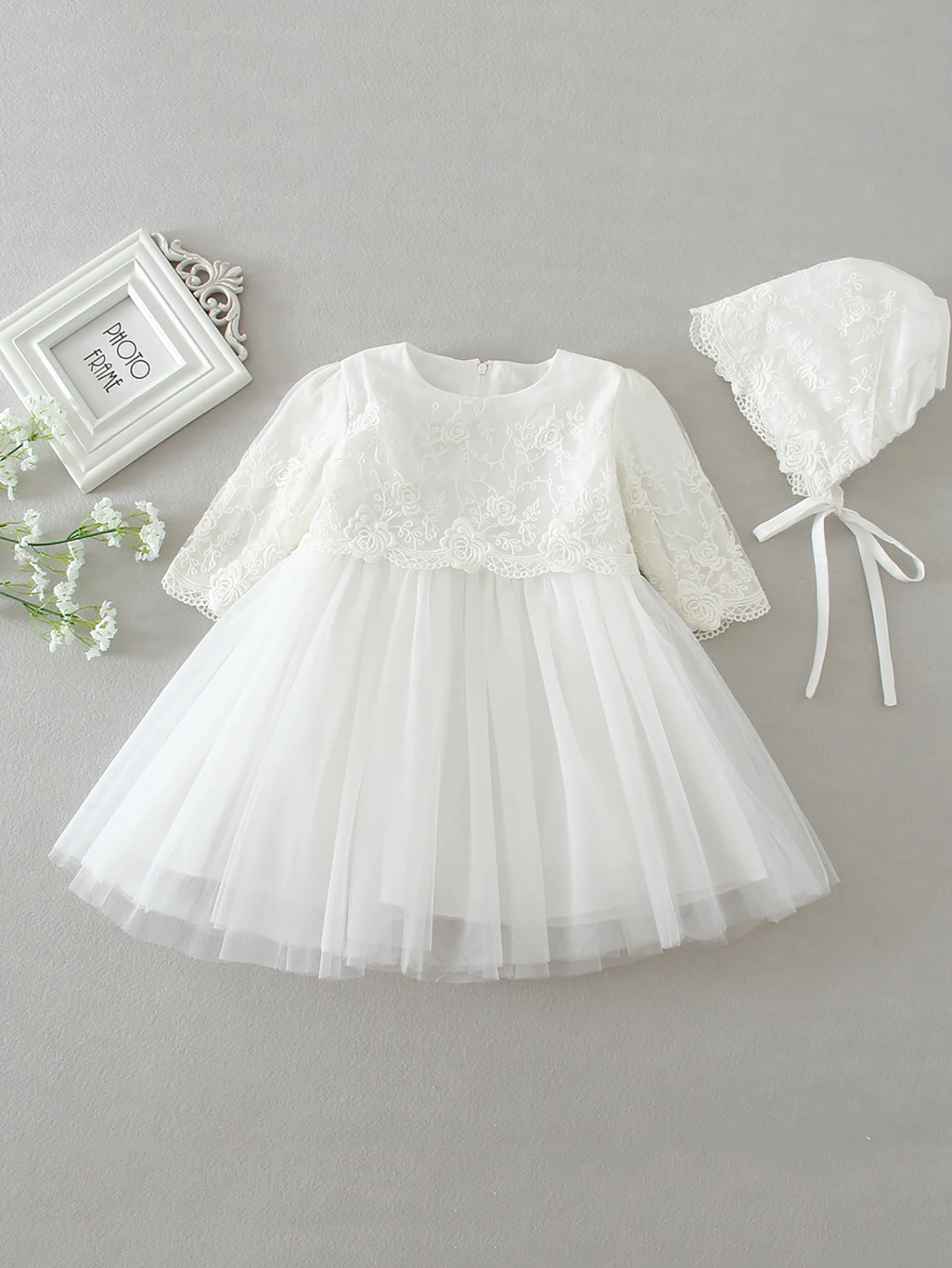 kf-S67f97b7ba7ef4be3b344952b8626eb72B White Christening Dress for Newborn Babies With Long Sleeved 3 Months Baby Dress Little Girls Lace Baptism Ball Dress+Hat - Image 1