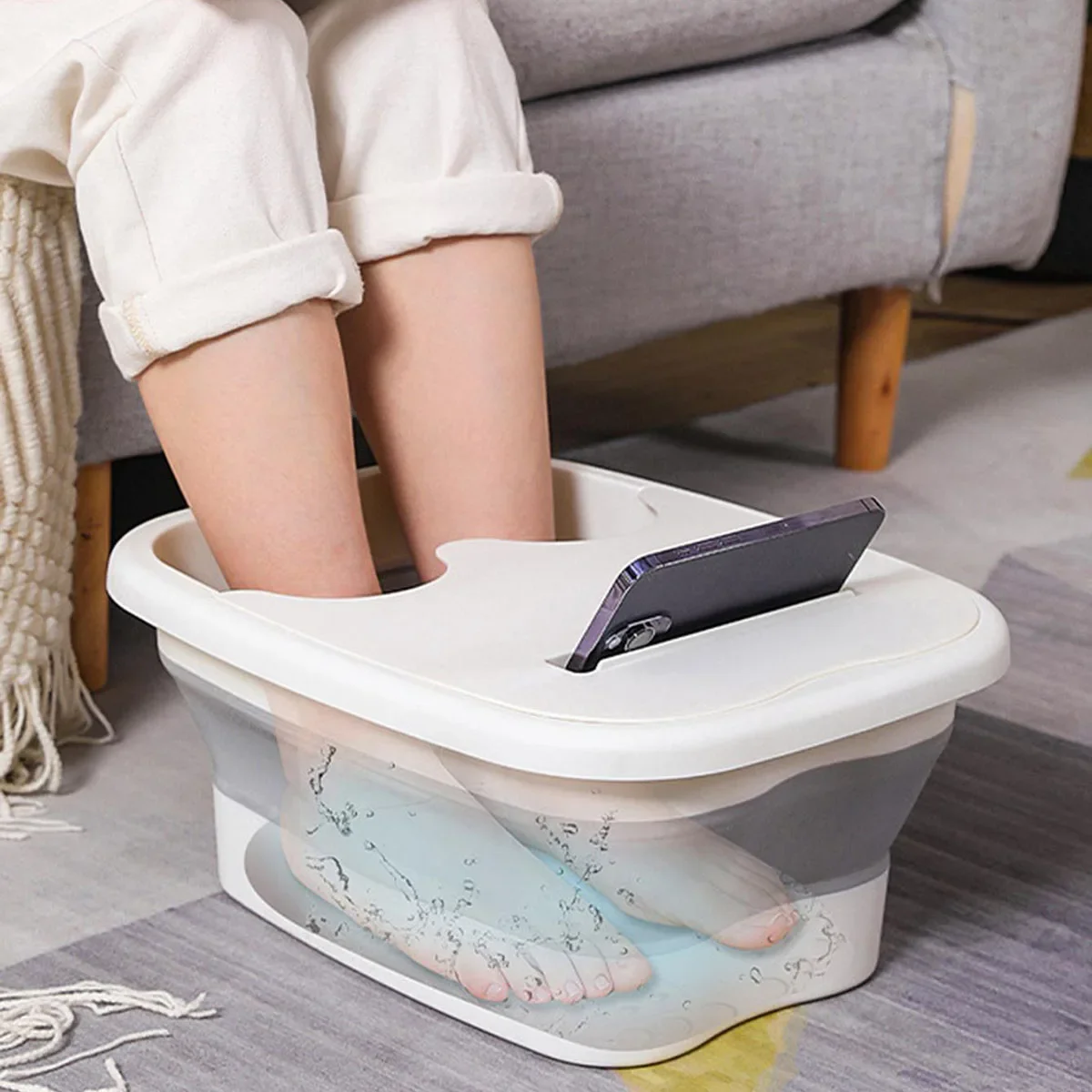 kf-S7414a462b22d44b58bbce6030c25a9c0i 1pc Portable Foldable Foot Bath Basin - Relaxing Foot Spa with Built-in Massager - Deep Soak for Ultimate Comfort - Image 1