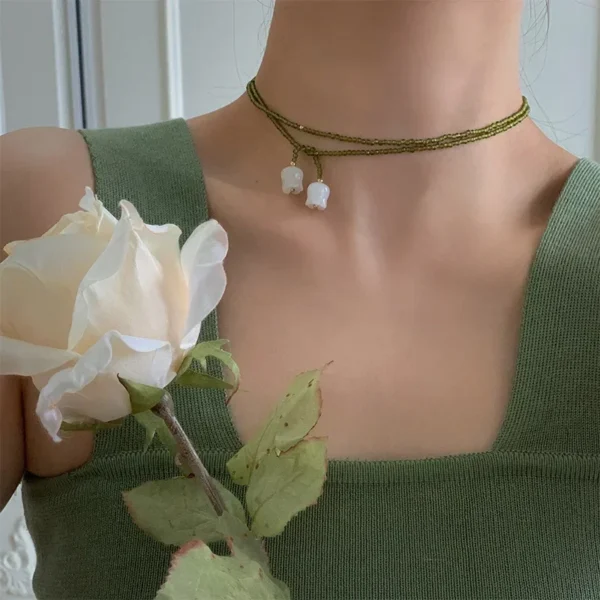 Подвеска Olive Crystal Beads White Lily Of The Valley Double Layer Wrapped Necklaces For Women Various Wearing Methods Pendant