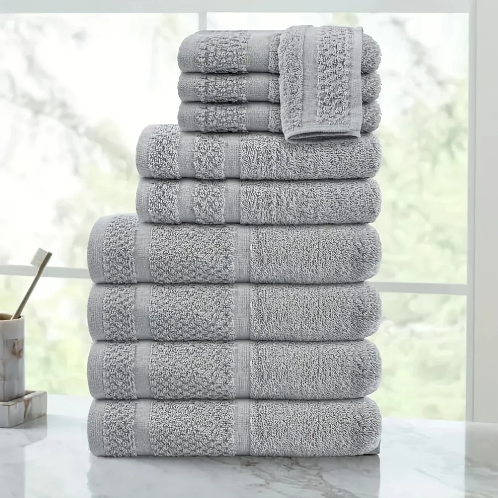 kf-S7a93581d983c4077bec6816c91e2b5aaK 10pcs Bath Towel Set 4pcs Bath Towels&2pcs Hand Towels&4pcs Washcloths Solid Color Cotton Towels Absorbent Quick-drying - Image 1