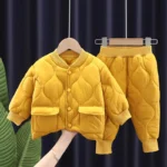 Korean version Baby Boy Clothes children's thickened insulation with cotton clip winter set suitable for baby top jacket+pants - Image 5