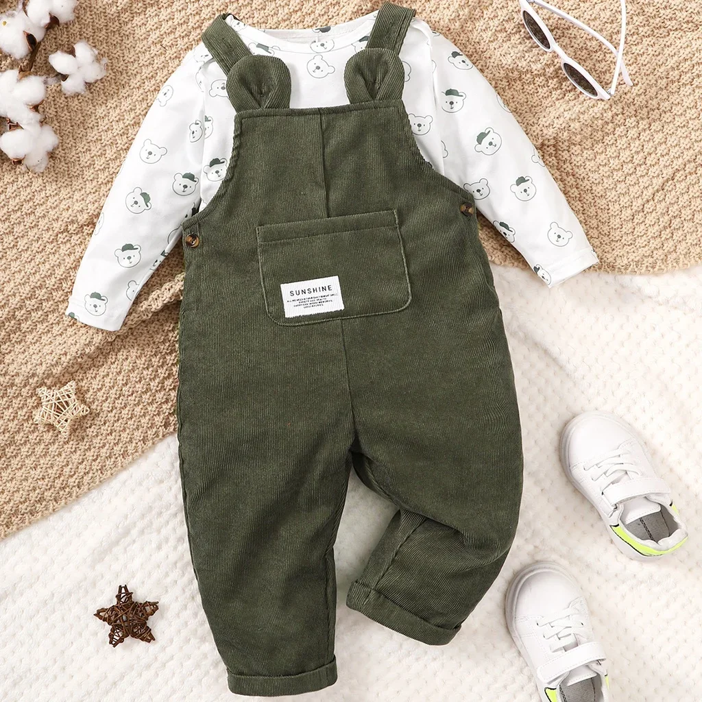 kf-S8d2acd3cfe9049b68910e50fe3af2eebz 3-24 Months Toddler Baby Boy 2PCS Clothing Set Bear Print Bodysuit with Green Overall Fashion Cute Autumn and Winter Costumes - Image 1