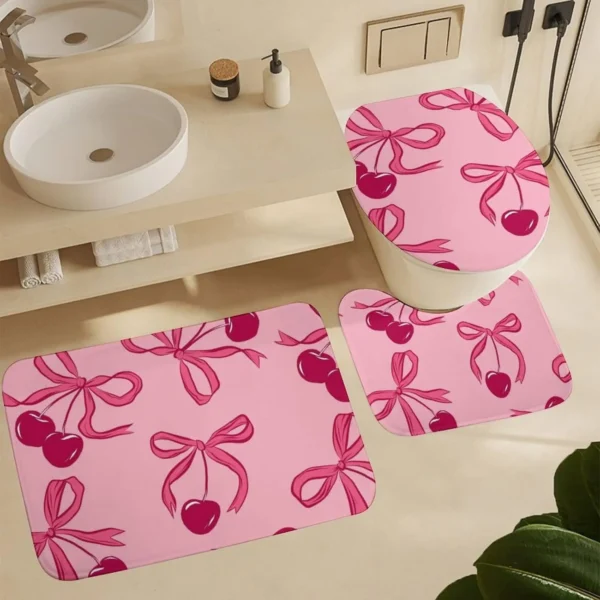 3PCS Pink Bow Cherry Bath Mat Set, U-Shape Toilet Lid Cover & Rug, Non-Slip Cute Bathroom Decor with Floral Fruit Theme