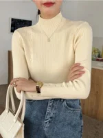 Women Knitted Sweater Long Sleeve Button Turtleneck Slim Pullovers for Autumn Winter Female Sweaters Soft Warm Bottoming Tops - Image 5