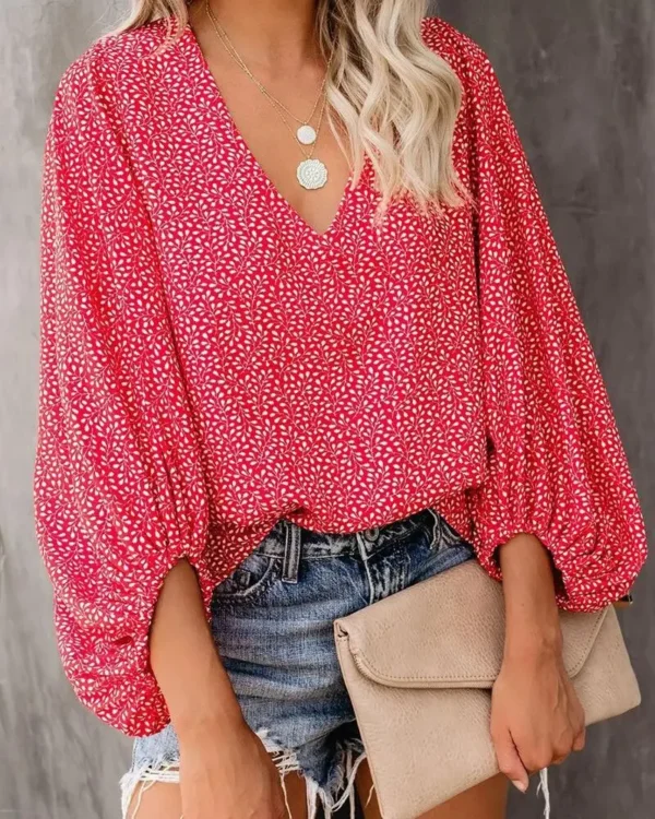 2023 New European and American Cross Boder Spring/Summer/Autumn V-neck Casual Shirt Printed Lantern Sleeve Top Women's W