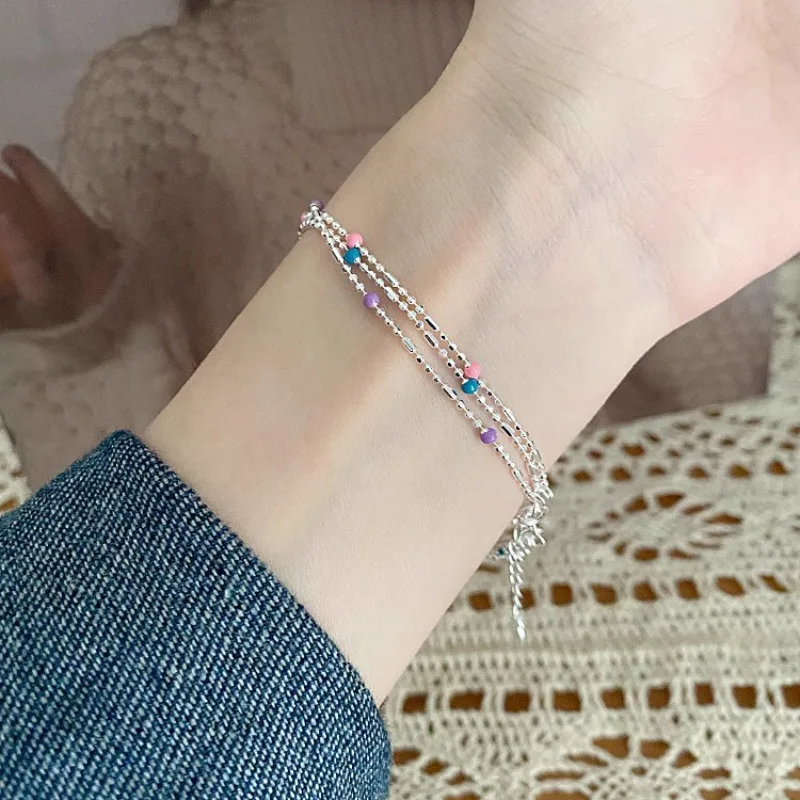kf-Sb3434f5ddd4f4256851650faa33b4b96n VENTFILLE 925 Sterling Silver Multicolour Bead Bracelet For Women Three Layers Geometry Drip Glaze Versatile Jewelry Dropship - Image 1