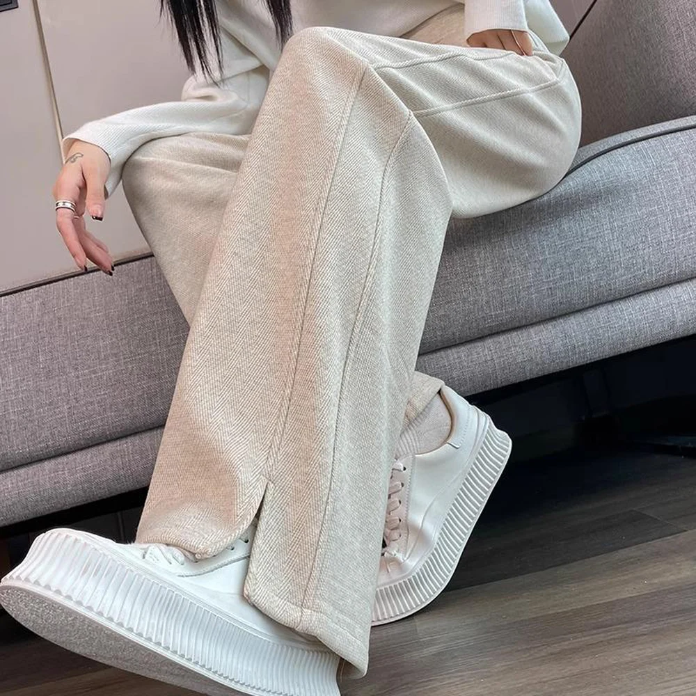 kf-Sc02f05ea8add4bae80bc4b8f8f769397Y European apricot wide leg pants for women's autumn new high-end fashion plus size straight leg split casual banana pants - Image 1