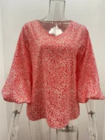 2023 New European and American Cross Boder Spring/Summer/Autumn V-neck Casual Shirt Printed Lantern Sleeve Top Women's W - Image 3